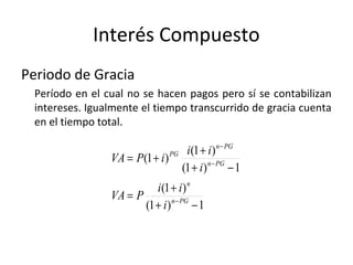 Periodo de Gracia
Período en el cual no se hacen pagos pero sí se contabilizan
intereses. Igualmente el tiempo transcurrido de gracia cuenta
en el tiempo total.
Interés Compuesto
1)1(
)1(
1)1(
)1(
)1(
−+
+
=
−+
+
+=
−
−
−
PGn
n
PGn
PGn
PG
i
ii
PVA
i
ii
iPVA
 