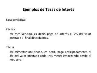 Ejemplos de Tasas de Interés
Tasa periódica:
2% m.v.
2% mes vencido, es decir, paga de interés el 2% del valor
prestado al final de cada mes.
3% t.a.
3% trimestre anticipado, es decir, paga anticipadamente el
3% del valor prestado cada tres meses empezando desde el
mes cero.
 