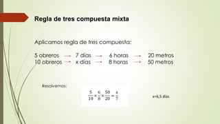 Aplicamos regla de tres compuesta:
5 obreros 7 días 6 horas 20 metros
10 obreros x días 8 horas 50 metros
Regla de tres compuesta mixta
Resolvemos:
x=6,5 días
 