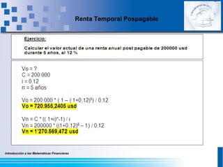 Introducción a las Matemáticas Financieras
Renta Temporal Pospagable
 