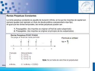 Introducción a las Matemáticas Financieras
Rentas Perpetuas Constantes
La renta perpetua constante es aquella de duración infinita, en la que los importes de capital son
siempre iguales (por ejemplo un título de deuda pública a perpetuidad a tipo fijo).
Al igual que las rentas temporales, las rentas perpetuas pueden ser:
1. Pospagables (los importes se originan al final de cada subperíodo)
2. Prepagables (los importes se originan al principio de los subperiodos).
 
