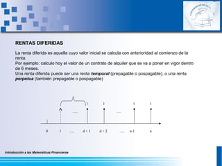 Introducción a las Matemáticas Financieras
RENTAS DIFERIDAS
La renta diferida es aquella cuyo valor inicial se calcula con anterioridad al comienzo de la
renta.
Por ejemplo: calculo hoy el valor de un contrato de alquiler que se va a poner en vigor dentro
de 6 meses.
Una renta diferida puede ser una renta temporal (prepagable o pospagable), o una renta
perpetua (también prepagable o pospagable)
0 ….
….
n-1 n
1
d + 1
1 1
….
….1 d + 2
1
 