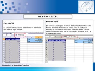 Introducción a las Matemáticas FinancierasIntroducción a las Matemáticas Financieras
TIR & VAN – EXCEL
Función TIR
La función TIR devuelve la tasa interna de retorno de
una serie de flujos de caja.
Función VAN
En Excel la función para el cálculo del VAN se llama VNA. Esta
función devuelve el valor actual neto a partir de un flujo de
fondos y de una tasa de descuento. Vemos que esta función
tiene un argumento mas que la función para el cálculo de la TIR,
la tasa de descuento.
 