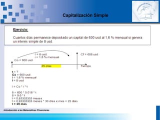 Introducción a las Matemáticas Financieras
Capitalización Simple
 