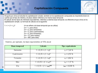 Introducción a las Matemáticas Financieras
Al igual que vimos al estudiar la capitalización simple, también en la capitalización compuesta es importante tener en
cuenta que el tipo de interés y el plazo deben referirse a la misma base temporal.
El calculo de los tipos de intereses equivalentes, referidos a distinta base temporal, es diferente al que vimos en la
capitalización simple. La formula de cálculo es la siguiente:
1 + i = (1 + im)m
(m se refiere a la base temporal que se utiliza)
(m = 1, para años)
(m = 2, para semestres)
(m = 3, para cuatrimestres)
(m = 4, para trimestres)
(m = 12, para meses)
(m = 365, para días)
Capitalización Compuesta
 