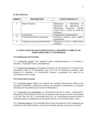 7



8. SECUENCIAS

ORDEN                 DESCRIPCION                            CARACTERISTICAS

   1       Núcleo Temático                           Matemáticas I, Matemática II,
                                                     Matemática III, Matemática IV,
                                                     Matemáticas Especiales, Álgebra
                                                     Lineal, Física I, Física II, Física III,
                                                     Estadística
   2       Característica                            Asignatura de fundamentación
   3       Conocimientos previos requeridos          Geometría, números reales, álgebra,
                                                     trigonometría
   4       Asignatura que apoya principalmente       Matemática II, física I, álgebra lineal,
                                                     estadística


   9. APLICACIÓN DE LOS ELEMENTOS DE LA REFORMA CURRICULAR
                 ADOPTADOS POR LA UNIVERSIDAD

9.1 Fundamentos del Currículo

9.1.1 Formación integral: Esta asignatura aporta significativamente en el aprender a
aprender y el aprender a hacer, principalmente.

9.1.2 Formación permanente: la búsqueda sistemática de conocimiento en el campo de las
matemáticas, tanto en la bibliografía como en la red de información (internet), debe
incentivar al estudiante a la actualización continua y permanente del estado de su
conocimiento en este campo.

9.2 Criterios del Currículo

9.2.1 Formación básica: debido a la extensión del contenido, debe hacerse énfasis en los
conceptos, propiedades y aplicaciones básicas que permitan la comprensión y el dominio
del manejo de los problemas que resuelve la Matemática I

9.2.2 Autonomía en el aprendizaje: es conveniente promover la lectura, comprensión y
búsqueda de conocimiento por parte de los estudiantes antes de que los temas sean tratados
en el aula. Para este fin, se recomienda hacer uso, de la bibliografía propuesta donde el
estudiante amplíe o complemente su información previa con la cual debe llegar a clase.

9.2.3 Currículo intensivo: Se recomienda discutir entre los profesores de las asignaturas que
pertenecen a este núcleo temático, la forma como podría aplicarse este criterio curricular.
 