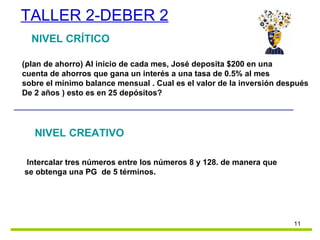 TALLER 2-DEBER 2 NIVEL CR Í TICO NIVEL CR EATIVO Intercalar tres números entre los números 8 y 128. de manera que se obtenga una PG  de 5 términos. (plan de ahorro) Al inicio de cada mes, Jos é deposita $200 en una  cuenta de ahorros que gana un interés a una tasa de 0.5% al mes  sobre el mínimo balance mensual . Cual es el valor de la inversión después De 2 años ) esto es en 25 depósitos? 