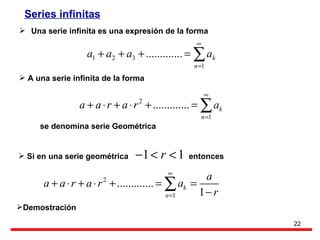 Series infinitas   Una serie infinita es una expresión de la forma A una serie infinita de la forma se denomina serie Geométrica Si en una serie geométrica  entonces Demostración 