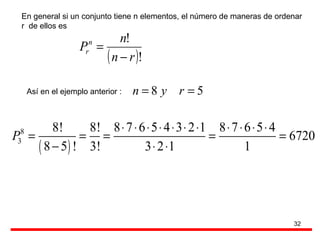 En general si un conjunto tiene n elementos, el número de maneras de ordenar  r  de ellos es  Así en el ejemplo anterior :  