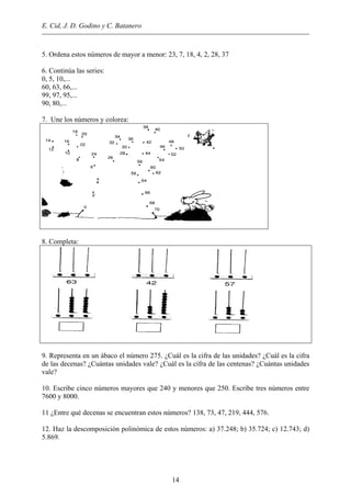 E. Cid, J. D. Godino y C. Batanero
5. Ordena estos números de mayor a menor: 23, 7, 18, 4, 2, 28, 37
6. Continúa las series:
0, 5, 10,...
60, 63, 66,...
99, 97, 95,...
90, 80,...
7. Une los números y colorea:
8. Completa:
9. Representa en un ábaco el número 275. ¿Cuál es la cifra de las unidades? ¿Cuál es la cifra
de las decenas? ¿Cuántas unidades vale? ¿Cuál es la cifra de las centenas? ¿Cuántas unidades
vale?
10. Escribe cinco números mayores que 240 y menores que 250. Escribe tres números entre
7600 y 8000.
11 ¿Entre qué decenas se encuentran estos números? 138, 73, 47, 219, 444, 576.
12. Haz la descomposición polinómica de estos números: a) 37.248; b) 35.724; c) 12.743; d)
5.869.
14
 