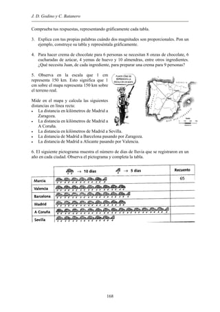 J. D. Godino y C. Batanero
Comprueba tus respuestas, representando gráficamente cada tabla.
3. Explica con tus propias palabras cuándo dos magnitudes son proporcionales. Pon un
ejemplo, construye su tabla y represéntala gráficamente.
4. Para hacer crema de chocolate para 6 personas se necesitan 8 onzas de chocolate, 6
cucharadas de azúcar, 4 yemas de huevo y 10 almendras, entre otros ingredientes.
¿Qué necesita Juan, de cada ingrediente, para preparar una crema para 9 personas?
5. Observa en la escala que 1 cm
representa 150 km. Esto significa que 1
cm sobre el mapa representa 150 km sobre
el terreno real.
Mide en el mapa y calcula las siguientes
distancias en línea recta:
• La distancia en kilómetros de Madrid a
Zaragoza.
• La distancia en kilómetros de Madrid a
A Coruña.
• La distancia en kilómetros de Madrid a Sevilla.
• La distancia de Madrid a Barcelona pasando por Zaragoza.
• La distancia de Madrid a Alicante pasando por Valencia.
6. El siguiente pictograma muestra el número de dias de lluvia que se registraron en un
año en cada ciudad. Observa el pictograma y completa la tabla.
168
 