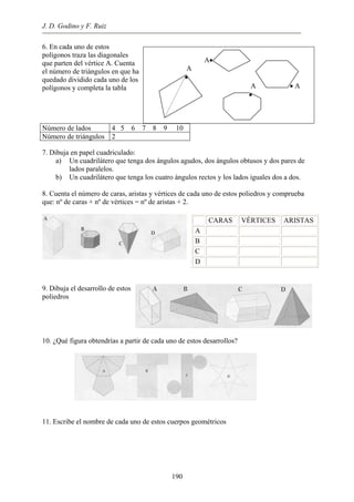 J. D. Godino y F. Ruiz
6. En cada uno de estos
polígonos traza las diagonales
que parten del vértice A. Cuenta
el número de triángulos en que ha
quedado dividido cada uno de los
polígonos y completa la tabla
A•
A
•
A • A
•
Número de lados 4 5 6 7 8 9 10
Número de triángulos 2
7. Dibuja en papel cuadriculado:
a) Un cuadrilátero que tenga dos ángulos agudos, dos ángulos obtusos y dos pares de
lados paralelos.
b) Un cuadrilátero que tenga los cuatro ángulos rectos y los lados iguales dos a dos.
8. Cuenta el número de caras, aristas y vértices de cada uno de estos poliedros y comprueba
que: nº de caras + nº de vértices = nº de aristas + 2.
CARAS VÉRTICES ARISTAS
A
B
C
D
9. Dibuja el desarrollo de estos
poliedros
10. ¿Qué figura obtendrías a partir de cada uno de estos desarrollos?
11. Escribe el nombre de cada uno de estos cuerpos geométricos
190
 