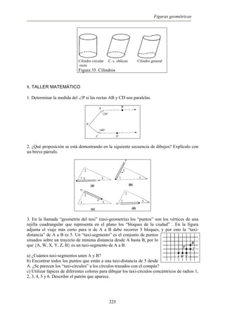 Figuras geométricas
Cilindro circular C. c. oblicuo Cilindro general
recto
Figura 35. Cilindros
8. TALLER MATEMÁTICO
1. Determinar la medida del ∠P si las rectas AB y CD son paralelas.
2. ¿Qué proposición se está demostrando en la siguiente secuencia de dibujos? Explícalo con
un breve párrafo.
3. En la llamada “geometría del taxi” (taxi-geometría) los “puntos” son los vértices de una
rejilla cuadrangular que representa en el plano los “bloques de la ciudad” . En la figura
adjunta el viaje más corto para ir de A a B debe recorrer 5 bloques, y por esto la “taxi-
distancia” de A a B es 5. Un “taxi-segmento” es el conjunto de puntos
situados sobre un trayecto de mínima distancia desde A hasta B, por lo
que {A, W, X, Y, Z, B} es un taxi-segmento de A a B.
a) ¿Cuántos taxi-segmentos unen A y B?
b) Encontrar todos los puntos que están a una taxi-distancia de 5 desde
A. ¿Se parecen los “taxi-círculos” a los círculos trazados con el compás?
c) Utilizar lápices de diferentes colores para dibujar los taxi-círculos concéntricos de radios 1,
2, 3, 4, 5 y 6. Describir el patrón que aparece.
225
 