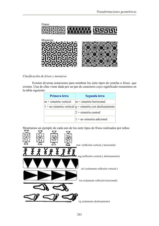 Transformaciones geométricas
Frisos:
Mosaicos:
Clasificación de frisos y mosaicos
Existen diversas notaciones para nombrar los siete tipos de cenefas o frisos que
existen. Una de ellas viene dada por un par de caracteres cuyo significado resumimos en
la tabla siguiente:
Primera letra Segunda letra
m = simetría vertical m = simetría horizontal
1 = no simetría vertical g = simetría con deslizamiento
2 = simetría central
1 = no simetría adicional
Mostramos un ejemplo de cada uno de los siete tipos de frisos realizados por niños:
mm (reflexión vertical y horizontal)
mg (reflexión vertical y deslizamiento)
m1 (solamente reflexión vertical )
1m (solamente reflexión horizontal)
1g (solamente deslizamiento)
241
 