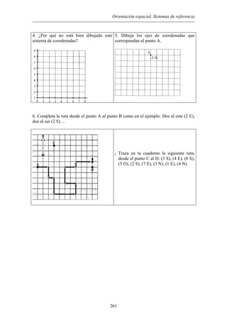 Orientación espacial. Sistemas de referencia
4. ¿Por qué no está bien dibujado este
sistema de coordenadas?
5. Dibuja los ejes de coordenadas que
correspondan al punto A.
6. Completa la ruta desde el punto A al punto B como en el ejemplo: Dos al este (2 E),
dos al sur (2 S) ...
• Traza en tu cuaderno la siguiente ruta,
desde el punto C al D: (3 S), (4 E), (6 S),
(5 O), (2 S), (7 E), (3 N), (1 E), (4 N).
261
 