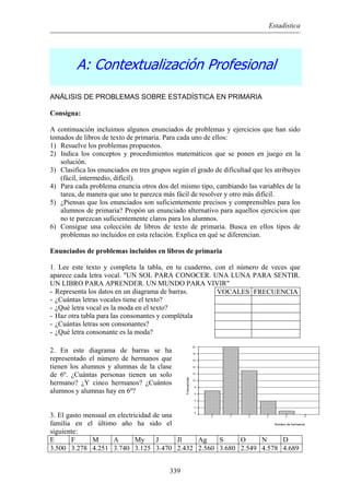 Estadística
A: Contextualización Profesional
ANÁLISIS DE PROBLEMAS SOBRE ESTADÍSTICA EN PRIMARIA
Consigna:
A continuación incluimos algunos enunciados de problemas y ejercicios que han sido
tomados de libros de texto de primaria. Para cada uno de ellos:
1) Resuelve los problemas propuestos.
2) Indica los conceptos y procedimientos matemáticos que se ponen en juego en la
solución.
3) Clasifica los enunciados en tres grupos según el grado de dificultad que les atribuyes
(fácil, intermedio, difícil).
4) Para cada problema enuncia otros dos del mismo tipo, cambiando las variables de la
tarea, de manera que uno te parezca más fácil de resolver y otro más difícil.
5) ¿Piensas que los enunciados son suficientemente precisos y comprensibles para los
alumnos de primaria? Propón un enunciado alternativo para aquellos ejercicios que
no te parezcan suficientemente claros para los alumnos.
6) Consigue una colección de libros de texto de primaria. Busca en ellos tipos de
problemas no incluidos en esta relación. Explica en qué se diferencian.
Enunciados de problemas incluidos en libros de primaria
1. Lee este texto y completa la tabla, en tu cuaderno, con el número de veces que
aparece cada letra vocal. "UN SOL PARA CONOCER. UNA LUNA PARA SENTIR.
UN LIBRO PARA APRENDER. UN MUNDO PARA VIVIR"
- Representa los datos en un diagrama de barras.
- ¿Cuántas letras vocales tiene el texto?
- ¿Qué letra vocal es la moda en el texto?
- Haz otra tabla para las consonantes y complétala
- ¿Cuántas letras son consonantes?
- ¿Qué letra consonante es la moda?
VOCALES FRECUENCIA
2. En este diagrama de barras se ha
representado el número de hermanos que
tienen los alumnos y alumnas de la clase
de 6º. ¿Cuántas personas tienen un solo
hermano? ¿Y cinco hermanos? ¿Cuántos
alumnos y alumnas hay en 6º?
3. El gasto mensual en electricidad de una
familia en el último año ha sido el
siguiente:
Número de hermanos
543210
Frecuencias
20
18
16
14
12
10
8
6
4
2
0
E F M A My J Jl Ag S O N D
3.500 3.278 4.251 3.740 3.125 3.470 2.432 2.560 3.680 2.549 4.578 4.689
339
 