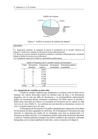 C. Batanero y J. D. Godino
Gráfico de sectores
deporte
1
2
3
25,00%
53,33%
21,67%
Figura 2: Gráfico se sectores de ‘práctica de deporte’
Ejercicios:
11. Representa mediante un diagrama de barras la distribución de la variable "práctica de
deporte" y analiza las ventajas de cada una de las dos representaciones.
12. Busca en la prensa ejemplos de gráficos estadísticos realizados inadecuadamente, razonando
dónde se hallan los errores en su elaboración.
13. Completa los datos de la Tabla 4 y represéntalos gráficamente.
Tabla 4: Frecuencia de la variable 'número de hermanos'
Valor Frecuencia
absoluta
Frecuencia
relativa
Frecuencia
acumulada
Frecuencia relativa
acumulada
1 1 0.033
2 10 0.333
3 5 0.166
4 7 0.233
5 3 0.100
6 1 0.033
7 3 0.100
Total 30 1.00
2.6. Agrupación de variables en intervalos
Cuando la variable estadística que estudiamos es continua, como la altura de los
alumnos, los valores observados suelen ser distintos unos de otros, o las frecuencias
pequeñas, con lo cual una tabla de frecuencias y su correspondiente representación
gráfica no constituyen buenos resúmenes estadísticos. Por dicho motivo se procede a
definir unos intervalos de valores y se recuentan las frecuencias de los valores en cada
intervalo de clase (Tabla 5). Los extremos de este intervalo se denominan extremos de
clase y el punto medio marca de clase.
El histograma de frecuencias es la gráfica apropiada para representar estas tablas
de frecuencias de datos agrupados en intervalos. En el histograma la frecuencia de cada
intervalo se representa por medio de un rectángulo cuya área es proporcional a la
frecuencia en dicho intervalo. Los histogramas pueden representar frecuencias absolutas
o relativas. También podemos comparar una misma variable en dos muestras, utilizando
histogramas con la misma amplitud de intervalos, como se muestra en la figura 4.
348
 