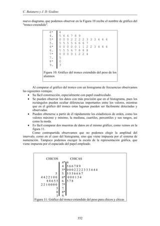 C. Batanero y J. D. Godino
nuevo diagrama, que podemos observar en la Figura 10 recibe el nombre de gráfico del
"tronco extendido".
4* 4
4. 5 6 6 7 8 9
5* 0 0 0 2 2 2 2 3 3 3 4 4 4
5. 5 5 5 5 6 6 6 7
6* 0 0 0 0 0 1 1 2 2 3 4 4 4
6. 5 5 5 6 7 8 8 8
7* 0 0 0 0 1 2 2 4
7. 5
8* 0
9. 3
Figura 10: Gráfico del tronco extendido del peso de los
alumnos
Al comparar el gráfico del tronco con un histograma de frecuencias observamos
las siguientes ventajas:
• Su fácil construcción, especialmente con papel cuadriculado.
• Se pueden observar los datos con más precisión que en el histograma, pues los
rectángulos pueden ocultar diferencias importantes entre los valores, mientras
que en el gráfico del tronco estas lagunas pueden ser fácilmente detectadas y
observadas.
• Pueden obtenerse a partir de él rápidamente los estadísticos de orden, como los
valores máximo y mínimo, la mediana, cuartiles, percentiles y sus rangos, así
como la moda.
• Es fácil comparar dos muestras de datos en el mismo gráfico, como vemos en la
figura 11.
Como contrapartida observamos que no podemos elegir la amplitud del
intervalo, como en el caso del histograma, sino que viene impuesta por el sistema de
numeración. Tampoco podemos escoger la escala de la representación gráfica, que
viene impuesta por el espaciado del papel empleado.
CHICOS CHICAS
4* 4
4. 5 6 6 7 8 9
5* 0 0 0 2 2 2 2 3 3 3 4 4 4
5 5. 5 5 5 6 6 6 7
4 4 2 2 1 0 0 6* 0 0 0 1 3 4
8 8 6 5 5 6. 5 7 8
2 2 1 0 0 0 0 7*
5 7.
0 8*
3 9.
Figura 11: Gráfico del tronco extendido del peso para chicos y chicas
352
 