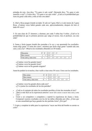 pintadas de rojo. Ana dice, "Yo gano si sale verde"; Bernardo dice, "Yo gano si sale
amarillo o rojo" y Carlos dice, "Yo gano si no sale verde". ¿Cuál es la probabilidad que
tiene de ganar cada niño y niña al tirar este dado?
4. Abel y Rosa juegan tirando un dado. Si sale un 5 gana Abel y si sale menos de 3 gana
Rosa. ¿Cuántas veces habrá ganado cada uno, aproximadamente, después de tirar el
dado 60 veces?
5. En una clase de 27 alumnos y alumnas, por cada 5 niñas hay 4 niños. ¿Cuál es la
probabilidad de que la primera persona que salga al recreo, tras el profesor, sea una
niña?
6. Juana y Jesús juegan tirando dos monedas a la vez y van apuntando los resultados.
Juana elige ganar "si salen dos caras", mientras que Jesús elige ganar "cuando sale una
cara y una cruz". Observa los resultados obtenidos en 50 tiradas.
Doscaras C C ///// ///// ///
Dos cruces + + ///// ////
Una cara y una cruz C + ///// ///// ///// ///// ///// ///
•¿Cuántas veces ha ganada Juana?
•¿Cuántas veces ha ganado Jesús?
•¿Cuántas veces no ha ganado ninguno?
Juana ha pedido la revancha y han vuelto a tirar otras 50 veces. Estos son los resultados.
Dos caras C C ///// ///// //
Dos cruces + + ///// ///// ////
Una cara y una cruz C + ///// ///// ///// ///// ////
•¿Cuántas veces ha ganado ahora cada uno?
•¿Y si juntas los resultados de las dos partidas?
• ¿Cuál es el conjunto de todos los resultados posibles al tirar dos monedas al aire?
• ¿Qué es más fácil en la experiencia anterior: sacar dos caras o sacar una cara y una
cruz?
• Únete a un compañero o compañera y repetid la experiencia de Juana y Jesús.
Comparad vuestros resultados con los de las tablas obtenidas por ellos. ¿Crees que
es una casualidad que haya ganado las dos partidas Jesús? ¿Por qué?
7. Copia y completa la tabla para la experiencia “sacar una bola del bombo su anotar su
color”.
362
 