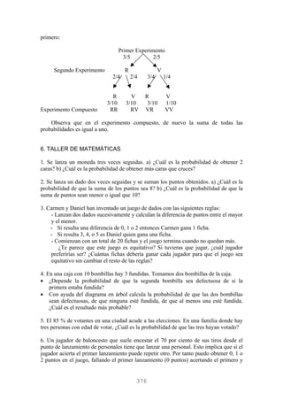 primero:
Primer Experimento
3/5 2/5
Segundo Experimento R V
2/4 2/4 3/4 1/4
R V R V
3/10 3/10 3/10 1/10
Experimento Compuesto RR RV VR VV
Observa que en el experimento compuesto, de nuevo la suma de todas las
probabilidades es igual a uno.
6. TALLER DE MATEMÁTICAS
1. Se lanza un moneda tres veces seguidas. a) ¿Cuál es la probabilidad de obtener 2
caras? b) ¿Cuál es la probabilidad de obtener más caras que cruces?
2. Se lanza un dado dos veces seguidas y se suman los puntos obtenidos. a) ¿Cuál es la
probabilidad de que la suma de los puntos sea 8? b) ¿Cuál es la probabilidad de que la
suma de puntos sean menor o igual que 10?
3. Carmen y Daniel han inventado un juego de dados con las siguientes reglas:
- Lanzan dos dados sucesivamente y calculan la diferencia de puntos entre el mayor
y el menor.
- Si resulta una diferencia de 0, 1 o 2 entonces Carmen gana 1 ficha.
- Si resulta 3, 4, o 5 es Daniel quien gana una ficha.
- Comienzan con un total de 20 fichas y el juego termina cuando no quedan más.
¿Te parece que este juego es equitativo? Si tuvieras que jugar, ¿cuál jugador
preferirías ser? ¿Cuántas fichas debería ganar cada jugador para que el juego sea
equitativo sin cambiar el resto de las reglas?
4. En una caja con 10 bombillas hay 3 fundidas. Tomamos dos bombillas de la caja.
• ¿Depende la probabilidad de que la segunda bombilla sea defectuosa de si la
primera estaba fundida?
• Con ayuda del diagrama en árbol calcula la probabilidad de que las dos bombillas
sean defectuosas, de que ninguna esté fundida, de que al menos una esté fundida.
¿Cuál es el resultado más probable?
5. El 85 % de votantes en una ciudad acude a las elecciones. En una familia donde hay
tres personas con edad de votar, ¿Cuál es la probabilidad de que las tres hayan votado?
6. Un jugador de baloncesto que suele encestar el 70 por ciento de sus tiros desde el
punto de lanzamiento de personales tiene que lanzar una personal. Esto implica que si el
jugador acierta el primer lanzamiento puede repetir otro. Por tanto puedo obtener 0, 1 o
2 puntos en el juego, fallando el primer lanzamiento (0 puntos) acertando el primero y
376
 