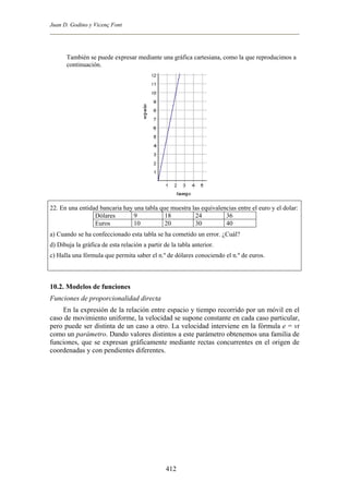 Juan D. Godino y Vicenç Font
También se puede expresar mediante una gráfica cartesiana, como la que reproducimos a
continuación.
22. En una entidad bancaria hay una tabla que muestra las equivalencias entre el euro y el dolar:
Dólares 9 18 24 36
Euros 10 20 30 40
a) Cuando se ha confeccionado esta tabla se ha cometido un error. ¿Cuál?
d) Dibuja la gráfica de esta relación a partir de la tabla anterior.
c) Halla una fórmula que permita saber el n.º de dólares conociendo el n.º de euros.
10.2. Modelos de funciones
Funciones de proporcionalidad directa
En la expresión de la relación entre espacio y tiempo recorrido por un móvil en el
caso de movimiento uniforme, la velocidad se supone constante en cada caso particular,
pero puede ser distinta de un caso a otro. La velocidad interviene en la fórmula e = vt
como un parámetro. Dando valores distintos a este parámetro obtenemos una familia de
funciones, que se expresan gráficamente mediante rectas concurrentes en el origen de
coordenadas y con pendientes diferentes.
412
 