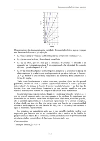 Razonamiento algebraico para maestros
Otras relaciones de dependencia entre cantidades de magnitudes físicas que se expresan
con fórmulas similares son, por ejemplo,
• La relación entre la velocidad y el tiempo para una aceleración constante: v=at.
• La relación entre la altura y la sombra de un edificio.
• La ley de Ohm, que nos dice que la diferencia de potencia V aplicada a un
conductor de resistencia constante R es proporcional a la intensidad de corriente
eléctrica I que circula por él: V = RI.
• La ley de Hook: Si colgamos un muelle por un extremo y le aplicamos un peso p en
el otro extremo, le produciremos un alargamiento ∆l que viene dado por la fórmula:
∆l = kp, donde k es una constante característica del material y de las dimensiones y
forma del muelle.
Todas estas fórmulas tienen la misma estructura y permiten, fijado un valor para el
parámetro, calcular el valor y (variable dependiente) conocido el valor x (variable
independiente). Se trata de la función de proporcionalidad directa y = ax. Este tipo de
función tiene una extraordinaria importancia ya que permite modelizar una gran
variedad de situaciones en todos los campos de aplicación de las matemáticas.
En una función de proporcionalidad directa los valores que toman las variables x, e y
son en general números reales, que corresponden a las medidas de magnitudes que
intervienen en las diversas situaciones. Si duplicamos, triplicamos, dividimos por dos,
etc. la cantidad representada por x, la cantidad representada por y también se duplica,
triplica, divide por dos, etc. Por otra parte, como una función de proporcionalidad
directa se puede expresar por una fórmula del tipo y=ax, el cociente y/x es constante e
igual al parámetro a de la fórmula.
Las relaciones de dependencia entre dos o más variables también pueden venir
expresadas por fórmulas que no se corresponden con el modelo de la función de
proporcionalidad directa. En la secundaria, además de las funciones de proporcionalidad
directa se estudian otros modelos de funciones. Los principales son:
Funciones afines
Tienen por fórmula f(x) = ax+b
413
 