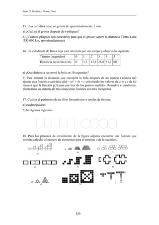 Juan D. Godino y Vicenç Font
15. Una cartulina tiene un grosor de aproximadamente 1 mm.
a) ¿Cuál es el grosor después de 6 pliegues?
b) ¿Cuántos pliegues son necesarios para que el grosor supere la distancia Tierra-Luna
(385.000 km, aproximadamente)
16. Un estudiante de física deja caer una bola por una rampa y observa lo siguiente:
Tiempo (segundos) 0 1 2 3 4 5
Distancia recorrida (cm) 0 3,2 12,8 28,8 51,2 80
a) ¿Qué distancia recorrerá la bola en 10 segundos?
b) Para estimar la distancia que recorrerá la bola después de un tiempo t resulta útil
ajustar una función cuadrática g(t) = at2
+ bt + c calculando los valores de a, b y c de tal
manera que la función g(t) pase por tres de los puntos medidos. Resuelve el problema,
planteando un sistema de tres ecuaciones lineales con tres incógnitas.
17. Cuál es el perímetro de un friso formado por n teselas de formas:
a) cuadrangulares
b) hexágonos regulares.
18. Para los patrones de crecimiento de la figura adjunta encontrar una función que
permita calcular el número de elementos para el término n de la sucesión.
420
 
