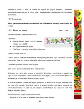 aprender a contar y llevar la cuenta de objetos en grupos mayores,                    establecen
correspondencias uno a uno, al mover, tocar y señalar objetos, mientras dicen los nombres de
los números.

1.1.1 Competencia:

Utiliza los números en situaciones variadas que implica poner en juego los principios del
conteo.

1.1.1.1 Carrera con objetos                                                  Edad: 2 a 5 años


Uso del conteo para comparar colecciones.

Materiales:
       Objetos diversos (tapas, corchos, bloques,
       etc.) por lo menos 50.
       Una caja o canasta por equipo.
       Papel bond y marcador para registrar los puntos.

Descripción de la situación:

Trace la línea de salida en un extremo del aula o patio y ubique las cajas o canastas, una para
cada equipo. En el otro extremo coloque los objetos que trasladarán los niños.

Organice al grupo en cuatro o cinco equipos.

Cada equipo forma una fila detrás de la línea de salida.

Un jugador corre y toma los objetos, al regreso los deposita en el recipiente; el jugador que
sigue en la fila emprende la carrera para trasladar otros objetos y así sucesivamente, hasta que
la totalidad de los integrantes del equipo haya corrido.

Al finalizar la carrera, cuentan los objetos y registran el resultado en el papel destinado para
ello. Los niños deberán determinar cuál es el equipo ganador, esto exige comparar las
colecciones reunidas por cada uno, en ocasiones podrán hacerlo por percepción y en otras
deberán contar los objetos.

Recomendaciones para la intervención docente:
•   Antes de iniciar el juego es necesario determinar con los alumnos:

                                                13
 