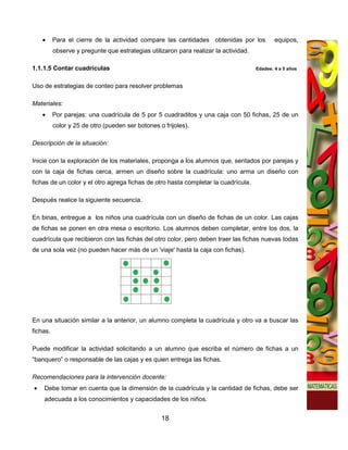 •     Para el cierre de la actividad compare las cantidades obtenidas por los             equipos,
          observe y pregunte que estrategias utilizaron para realizar la actividad.

1.1.1.5 Contar cuadrículas                                                            Edades: 4 a 5 años


Uso de estrategias de conteo para resolver problemas

Materiales:
    •     Por parejas: una cuadrícula de 5 por 5 cuadraditos y una caja con 50 fichas, 25 de un
          color y 25 de otro (pueden ser botones o frijoles).

Descripción de la situación:

Inicie con la exploración de los materiales, proponga a los alumnos que, sentados por parejas y
con la caja de fichas cerca, armen un diseño sobre la cuadrícula: uno arma un diseño con
fichas de un color y el otro agrega fichas de otro hasta completar la cuadrícula.

Después realice la siguiente secuencia.

En binas, entregue a los niños una cuadrícula con un diseño de fichas de un color. Las cajas
de fichas se ponen en otra mesa o escritorio. Los alumnos deben completar, entre los dos, la
cuadrícula que recibieron con las fichas del otro color, pero deben traer las fichas nuevas todas
de una sola vez (no pueden hacer más de un 'viaje' hasta la caja con fichas).




En una situación similar a la anterior, un alumno completa la cuadrícula y otro va a buscar las
fichas.

Puede modificar la actividad solicitando a un alumno que escriba el número de fichas a un
“banquero” o responsable de las cajas y es quien entrega las fichas.

Recomendaciones para la intervención docente:
•   Debe tomar en cuenta que la dimensión de la cuadrícula y la cantidad de fichas, debe ser
    adecuada a los conocimientos y capacidades de los niños.


                                                  18
 