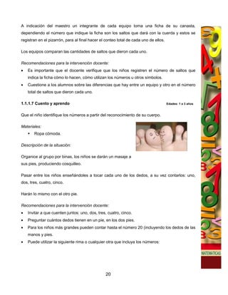 A indicación del maestro un integrante de cada equipo toma una ficha de su canasta,
dependiendo el número que indique la ficha son los saltos que dará con la cuerda y estos se
registran en el pizarrón, para al final hacer el conteo total de cada uno de ellos.

Los equipos comparan las cantidades de saltos que dieron cada uno.

Recomendaciones para la intervención docente:
•   Es importante que el docente verifique que los niños registren el número de saltos que
    indica la ficha cómo lo hacen, cómo utilizan los números u otros símbolos.
•   Cuestione a los alumnos sobre las diferencias que hay entre un equipo y otro en el número
    total de saltos que dieron cada uno.

1.1.1.7 Cuento y aprendo                                                              Edades: 1 a 3 años


Que el niño identifique los números a partir del reconocimiento de su cuerpo.

Materiales:
       Ropa cómoda.

Descripción de la situación:

Organice al grupo por binas, los niños se darán un masaje a
sus pies, produciendo cosquilleo.

Pasar entre los niños enseñándoles a tocar cada uno de los dedos, a su vez contarlos: uno,
dos, tres, cuatro, cinco.

Harán lo mismo con el otro pie.

Recomendaciones para la intervención docente:
•   Invitar a que cuenten juntos: uno, dos, tres, cuatro, cinco.
•   Preguntar cuántos dedos tienen en un pie, en los dos pies.
•   Para los niños más grandes pueden contar hasta el número 20 (incluyendo los dedos de las
    manos y pies.
•   Puede utilizar la siguiente rima o cualquier otra que incluya los números:




                                                20
 