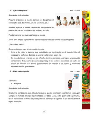1.3.1.2 ¿Cuántas partes?                                                         Edad: 2 a 5 años


Descripción de la situación:

Pregunte a los niños si pueden caminar con dos partes del
cuerpo (dos pies, dos rodillas, un pie, una mano, etc.)

Invitarlos a probar si pueden caminar con tres partes de su
cuerpo, dos piernas y un brazo, dos rodillas y un codo.

Prueben caminar con cuatro partes de su cuerpo.

Ayude a los niños a explorar todas las maneras diferentes de caminar con cuatro partes.

¿Y con cinco partes?

Recomendaciones para la intervención docente:
•   Invite a los niños a explorar sus posibilidades de movimiento en el espacio físico al
    desplazarse en formas distintas, al caminar, saltar, girar, rodar, etc.
•   Es importante que maneje con los niños los términos correctos para logren un adecuado
    conocimiento de su cuerpo (esquema corporal) y de las nociones espaciales, las cuales se
    inician en relación a sí mismo, posteriormente en relación a los objetos y finalmente
    representándolas gráficamente.

1.3.1.3 Veo – veo espacial                                                       Edad: 3 a 5 años




Materiales:
       4 objetos

Descripción de la situación:

Un alumno, o el docente, sale del aula, los que se quedan en el salón esconden un objeto, por
ejemplo, un muñeco, en algún lugar conocido por todos. Luego, entra quien salió y, por turno,
le dan indicaciones en forma de pistas para que identifique el lugar en el que se encuentra el
objeto escondido.




                                                 30
 