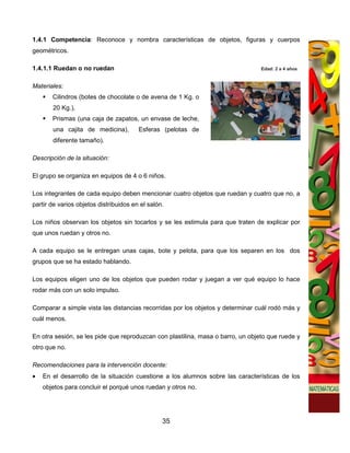 1.4.1 Competencia: Reconoce y nombra características de objetos, figuras y cuerpos
geométricos.

1.4.1.1 Ruedan o no ruedan                                                       Edad: 2 a 4 años


Materiales:
       Cilindros (botes de chocolate o de avena de 1 Kg. o
       20 Kg.),
       Prismas (una caja de zapatos, un envase de leche,
       una cajita de medicina),         Esferas (pelotas de
       diferente tamaño).

Descripción de la situación:

El grupo se organiza en equipos de 4 o 6 niños.

Los integrantes de cada equipo deben mencionar cuatro objetos que ruedan y cuatro que no, a
partir de varios objetos distribuidos en el salón.

Los niños observan los objetos sin tocarlos y se les estimula para que traten de explicar por
que unos ruedan y otros no.

A cada equipo se le entregan unas cajas, bote y pelota, para que los separen en los dos
grupos que se ha estado hablando.

Los equipos eligen uno de los objetos que pueden rodar y juegan a ver qué equipo lo hace
rodar más con un solo impulso.

Comparar a simple vista las distancias recorridas por los objetos y determinar cuál rodó más y
cuál menos.

En otra sesión, se les pide que reproduzcan con plastilina, masa o barro, un objeto que ruede y
otro que no.

Recomendaciones para la intervención docente:
•   En el desarrollo de la situación cuestione a los alumnos sobre las características de los
    objetos para concluir el porqué unos ruedan y otros no.




                                                 35
 