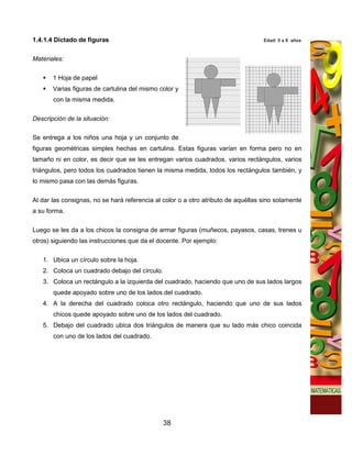 1.4.1.4 Dictado de figuras                                                         Edad: 5 a 8 años



Materiales:


       1 Hoja de papel
       Varias figuras de cartulina del mismo color y
       con la misma medida.

Descripción de la situación:

Se entrega a los niños una hoja y un conjunto de
figuras geométricas simples hechas en cartulina. Estas figuras varían en forma pero no en
tamaño ni en color, es decir que se les entregan varios cuadrados, varios rectángulos, varios
triángulos, pero todos los cuadrados tienen la misma medida, todos los rectángulos también, y
lo mismo pasa con las demás figuras.

Al dar las consignas, no se hará referencia al color o a otro atributo de aquéllas sino solamente
a su forma.

Luego se les da a los chicos la consigna de armar figuras (muñecos, payasos, casas, trenes u
otros) siguiendo las instrucciones que da el docente. Por ejemplo:


   1. Ubica un círculo sobre la hoja.
   2. Coloca un cuadrado debajo del círculo.
   3. Coloca un rectángulo a la izquierda del cuadrado, haciendo que uno de sus lados largos
       quede apoyado sobre uno de los lados del cuadrado.
   4. A la derecha del cuadrado coloca otro rectángulo, haciendo que uno de sus lados
       chicos quede apoyado sobre uno de los lados del cuadrado.
   5. Debajo del cuadrado ubica dos triángulos de manera que su lado más chico coincida
       con uno de los lados del cuadrado.




                                               38
 