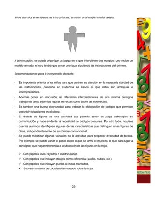 Si los alumnos entendieron las instrucciones, armarán una imagen similar a ésta:




A continuación, se puede organizar un juego en el que intervienen dos equipos: uno recibe un
modelo armado; el otro tendrá que armar uno igual siguiendo las instrucciones del primero.


Recomendaciones para la intervención docente:


•   Es importante orientar a los niños para que centren su atención en la necesaria claridad de
    las instrucciones, poniendo en evidencia los casos en que éstas son ambiguas o
    incomprensibles.
•   Además poner en discusión las diferentes interpretaciones de una misma consigna
    trabajando tanto sobre las figuras correctas como sobre las incorrectas.
•   Es también una buena oportunidad para trabajar la elaboración de códigos que permitan
    describir ubicaciones en el plano.
•   El dictado de figuras es una actividad que permite poner en juego estrategias de
    comunicación y hace evidente la necesidad de códigos comunes. Por otro lado, requiere
    que los alumnos identifiquen algunas de las características que distinguen unas figuras de
    otras, independientemente de su nombre convencional.
•   Se puede modificar algunas variables de la actividad para proponer diversidad de tareas.
    Por ejemplo, se puede variar el papel sobre el que se arma el muñeco, lo que dará lugar a
    consignas que hagan referencia a la ubicación de las figuras en la hoja.


       Con papeles lisos, rayados o cuadriculados.
       Con papeles que incluyan dibujos como referencia (suelos, nubes, etc.).
       Con papeles que incluyan puntos o líneas marcados.
       Sobre un sistema de coordenadas trazado sobre la hoja.




                                               39
 