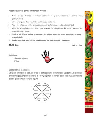 Recomendaciones para la intervención docente:

•   Anime a los alumnos a realizar estimaciones y comparaciones a simple vista
    (perceptuales).
•   Utilice el lenguaje de la medición: centímetros, metro etc.
•   Pida a los niños que midan otras cosas a partir de la realización de ésta actividad.
•   Utilice las preguntas de los niños para empezar investigaciones de cómo y por qué las
    personas miden cosas.
•   Ayude a los niños a realizar encuestas a los adultos sobre las cosas que miden en casa y
    en sus trabajos
•   Colabore con los niños y creen una tabla con sus estimaciones y hallazgos.

1.5.1.3 Stop                                                                        Edad: 3 a 8 años




Materiales:
       Gises de colores.
       Pelota




Descripción de la situación:
Dibujé un círculo en el piso, se divide en partes (iguales al número de jugadores), al centro un
círculo más pequeño con la palabra "STOP" y registran el nombre de un país, fruta, animal, etc.
que les guste sin que se repita alguno.




                                                45
 
