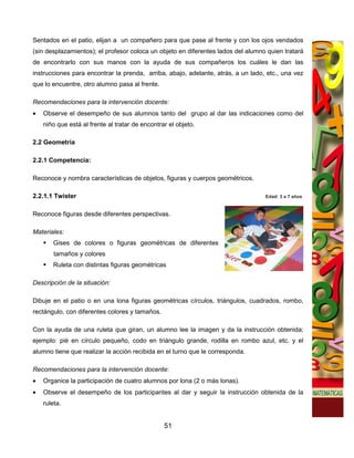 Sentados en el patio, elijan a un compañero para que pase al frente y con los ojos vendados
(sin desplazamientos); el profesor coloca un objeto en diferentes lados del alumno quien tratará
de encontrarlo con sus manos con la ayuda de sus compañeros los cuáles le dan las
instrucciones para encontrar la prenda, arriba, abajo, adelante, atrás, a un lado, etc., una vez
que lo encuentre, otro alumno pasa al frente.

Recomendaciones para la intervención docente:
•   Observe el desempeño de sus alumnos tanto del grupo al dar las indicaciones como del
    niño que está al frente al tratar de encontrar el objeto.

2.2 Geometría

2.2.1 Competencia:

Reconoce y nombra características de objetos, figuras y cuerpos geométricos.

2.2.1.1 Twister                                                                   Edad: 3 a 7 años


Reconoce figuras desde diferentes perspectivas.

Materiales:
       Gises de colores o figuras geométricas de diferentes
        tamaños y colores
       Ruleta con distintas figuras geométricas

Descripción de la situación:

Dibuje en el patio o en una lona figuras geométricas círculos, triángulos, cuadrados, rombo,
rectángulo, con diferentes colores y tamaños.

Con la ayuda de una ruleta que giran, un alumno lee la imagen y da la instrucción obtenida;
ejemplo: pié en círculo pequeño, codo en triángulo grande, rodilla en rombo azul, etc. y el
alumno tiene que realizar la acción recibida en el turno que le corresponda.

Recomendaciones para la intervención docente:
•   Organice la participación de cuatro alumnos por lona (2 o más lonas).
•   Observe el desempeño de los participantes al dar y seguir la instrucción obtenida de la
    ruleta.


                                                 51
 