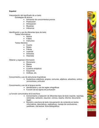 Español

Interpretación del significado de un texto
        Estrategias de lectura
                   • Activación de conocimientos previos
                   • Predicación
                   • Anticipación
                   • Muestreo
                   • Inferencia

Identificación y uso de diferentes tipos de texto
         Textos informativos
                     • Noticia
                     • Folleto
                     • Instructivo
         Textos literarios
                     • Cuento
                     • Relato
                     • Fábula
                     • Leyenda
                     • Anécdota
                     • Historieta

Obtener y organizar información
                 • Diccionario
                 • Mapas
                 • Planos
                 • Cuadros sinópticos
                 • Esquemas
                 • Gráficas, etc.

Conocimiento y uso de estructuras lingüísticas
                 • Sustantivos colectivos, propios, comunes, adjetivos, adverbios, verbos,
                    pronombres y artículos

Conocimiento y uso de la lengua escrita
                 • Identificación y uso de reglas ortográficas
                 • Función de los signos de puntuación

La función comunicativa de la escritura
                 • Conocimiento y redacción de diferentes tipos de texto (reporte, reportaje,
                     entrevista, narración, resumen, crónica, reseña, informe, documento
                     legal)
                 • Revisión y escritura de texto (recuperación de contenido en textos
                     informativos, descriptivos, explicativos, manejo de conclusiones,
                     paráfrasis, cita textual, ficha bibliográfica)




                                                    6
 