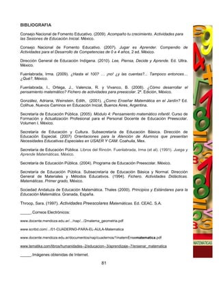 BIBLIOGRAFIA

Consejo Nacional de Fomento Educativo. (2009). Acompaño tu crecimiento. Actividades para
las Sesiones de Educación Inicial. México.

Consejo Nacional de Fomento Educativo. (2007). Jugar es Aprender. Compendio de
Actividades para el Desarrollo de Competencias de 0 a 4 años, 2 ed. México.

Dirección General de Educación Indígena. (2010). Lee, Piensa, Decide y Aprende. Ed. Ultra.
México.

Fuenlabrada, Irma. (2009). ¿Hasta el 100? … ¡no! ¿y las cuentas?... Tampoco entonces…
¿Qué?. México.

Fuenlabrada, I., Ortega, J., Valencia, R. y Vivanco, B. (2008). ¿Cómo desarrollar el
pensamiento matemático? Fichero de actividades para preescolar. 2ª. Edición, México.

González, Adriana, Weinstein, Edith, (2001). ¿Como Enseñar Matemática en el Jardín? Ed.
Colihue. Nuevos Caminos en Educación Inicial, Buenos Aires, Argentina.

Secretaría de Educación Pública. (2005). Módulo 4: Pensamiento matemático infantil. Curso de
Formación y Actualización Profesional para el Personal Docente de Educación Preescolar.
Volumen I. México.

Secretaría de Educación y Cultura. Subsecretaría de Educación Básica. Dirección de
Educación Especial. (2007) Orientaciones para la Atención de Alumnos que presentan
Necesidades Educativas Especiales en USAER Y CAM. Coahuila, Mex.

Secretaría de Educación Pública. Libros del Rincón. Fuenlabrada, Irma (et al). (1991). Juega y
Aprende Matemáticas. México.

Secretaría de Educación Pública. (2004). Programa de Educación Preescolar. México.

Secretaría de Educación Pública. Subsecretaría de Educación Básica y Normal. Dirección
General de Materiales y Métodos Educativos. (1994). Fichero. Actividades Didácticas.
Matemáticas. Primer grado, México.

Sociedad Andaluza de Educación Matemática. Thales (2000). Principios y Estándares para la
Educación Matemática. Granada, España.

Throop, Sara. (1997). Actividades Preescolares Matemáticas. Ed. CEAC. S.A.

_____.Correos Electrónicos:

www.docente.mendoza.edu.ar/.../nap/.../2matema_geometria.pdf

www.scribd.com/.../01-CUADERNO-PARA-EL-AULA-Matematica

www.docente.mendoza.edu.ar/documentos/nap/cuadernos/1matemEnsematematica.pdf

www.tematika.com/libros/humanidades--2/educacion--3/aprendizaje--7/ensenar_matematica

_____.Imágenes obtenidas de Internet.

                                               81
 