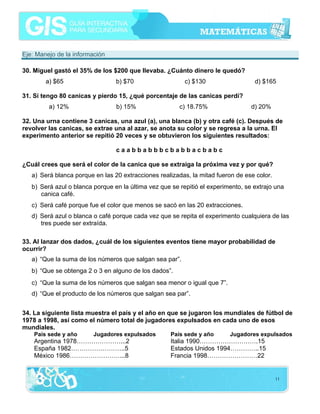 Eje: Manejo de la información

30. Miguel gastó el 35% de los $200 que llevaba. ¿Cuánto dinero le quedó?
        a) $65                   b) $70                   c) $130                  d) $165

31. Si tengo 80 canicas y pierdo 15, ¿qué porcentaje de las canicas perdí?
         a) 12%                  b) 15%                 c) 18.75%                 d) 20%

32. Una urna contiene 3 canicas, una azul (a), una blanca (b) y otra café (c). Después de
revolver las canicas, se extrae una al azar, se anota su color y se regresa a la urna. El
experimento anterior se repitió 20 veces y se obtuvieron los siguientes resultados:

                                 caabbabbbcbabbacbabc

¿Cuál crees que será el color de la canica que se extraiga la próxima vez y por qué?
   a) Será blanca porque en las 20 extracciones realizadas, la mitad fueron de ese color.
   b) Será azul o blanca porque en la última vez que se repitió el experimento, se extrajo una
      canica café.
   c) Será café porque fue el color que menos se sacó en las 20 extracciones.
   d) Será azul o blanca o café porque cada vez que se repita el experimento cualquiera de las
      tres puede ser extraída.

33. Al lanzar dos dados, ¿cuál de los siguientes eventos tiene mayor probabilidad de
ocurrir?
   a) “Que la suma de los números que salgan sea par”.
   b) “Que se obtenga 2 o 3 en alguno de los dados”.
   c) “Que la suma de los números que salgan sea menor o igual que 7”.
   d) “Que el producto de los números que salgan sea par”.


34. La siguiente lista muestra el país y el año en que se jugaron los mundiales de fútbol de
1978 a 1998, así como el número total de jugadores expulsados en cada uno de esos
mundiales.
    País sede y año      Jugadores expulsados        País sede y año      Jugadores expulsados
    Argentina 1978…………………...2                        Italia 1990……………………….15
    España 1982……………………..5                           Estados Unidos 1994…………..15
    México 1986……………………...8                          Francia 1998……………………22


                                                                                            11
 