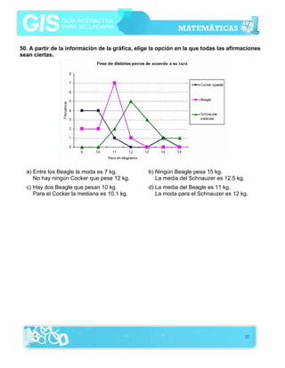 50. A partir de la información de la gráfica, elige la opción en la que todas las afirmaciones
sean ciertas.




  a) Entre los Beagle la moda es 7 kg.            b) Ningún Beagle pesa 15 kg.
     No hay ningún Cocker que pese 12 kg.            La media del Schnauzer es 12.5 kg.
  c) Hay dos Beagle que pesan 10 kg.              d) La media del Beagle es 11 kg.
     Para el Cocker la mediana es 10.1 kg.           La moda para el Schnauzer es 12 kg.




                                                                                          22
 