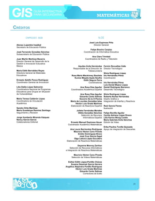CRÉDITOS

           CNPEGSV, SEB                                                    ILCE
                                                                 José Luis Espinosa Piña
 Alonso Lujambio Irazábal                                            Director General
 Secretario de Educación Pública
                                                                  Felipe Bracho Carpizo
 José Fernando González Sánchez                            Coordinación de Informática Educativa
 Subsecretario de Educación Pública
                                                                   Ana Clara Trinidad
 Juan Martín Martínez Becerra                               Coordinadora de Radio y Televisión
 Director General de Desarrollo de la
 Gestión e Innovación Educativa
 Básica                                             Aquiles Ávila Hernández Fermín Revueltas Valle
                                               Responsable de la Dirección de Director Tecnológico
 María Edith Bernáldez Reyes                                  Telesecundaria
 Directora General de Materiales                                              Silvia Rodríguez López
 Educativos                                  Rosa María Mackinney Bautista Iris Hernández Pérez
                                                Eunice Mayela Ayala Seuthe Coordinación
 Ernesto Adolfo Ponce Rodríguez                          Edith Segura Parra
 Coordinador General de Innovación                            Coordinadoras Iris Hernández Pérez
                                                                              Luis Daniel Mújica López
 Lilia Dalila López Salmorán                          Ana Rosa Díaz Aguilar Daniel Rodríguez Barranco
 Coordinadora Nacional de Programas          Coordinadora Académica Español Desarrollo Tecnológico
 Educativos para Grupos en Situación
 de Vulnerabilidad                                     Ana Rosa Díaz Aguilar      Silvia Rodríguez López
                                                      Eduardo Canto Salinas       Roberto Nuñez Hernández
 María Teresa Calderón López                          Socorro De la O Pecina      Diseño Gráfico e
 Coordinadora de Vinculación                 María de Lourdes González Islas      Integración de Interfaz y Reactivos
 Académica                                        Héctor Luis Grada Martínez
                                             Elaboración de Reactivos Español     Raúl García Flores
 Sandra Ortiz Martínez                                                            Ilustración
 María Guadalupe Ramírez Santiago                  Julieta Fernández Morales
 Seguimiento y Revisión                              Ofelia González Sánchez Felipe Bonilla Aguilar
                                                        Selección de Recursos Cecilia Adriana López Rivera
 Jorge Humberto Miranda Vázquez                           Informáticos Español Lilia Karina Wong Cortés
 Nancy García García                                                           María Gabriela Ávila Sánchez
 Colaboradores Editorial                     Ernesto Manuel Espinosa Asuar Edición de Video
                                          Coordinador Académico Matemáticas
                                                                               Erika Paulina Tovilla Quesada
                                            Ana Laura Barriendos Rodríguez Apoyo de integración de Descartes
                                                Mauricio Héctor Cano Pineda
                                                     Emilio Domínguez Bravo
                                                      José Cruz García Zagal
                                                Olga Leticia López Escudero
                                         Elaboración de Reactivos Matemáticas

                                                     Deyanira Monroy Zariñan
                                             Selección de Recursos Informáticos
                                        e Integración de Reactivos Matemáticas

                                                Mauricio Héctor Cano Pineda
                                              Selección de Videos Matemáticas

                                          Esther Edith López-Portillo Chávez
                                             Susana Dessireé García Herrera
                                        Angélica Alejandra Portillo Rodríguez
                                                  Héctor Luis Grada Martínez
                                                      Eduardo Canto Salinas
                                                         Correctores de Estilo




                                                                                                                   23
 