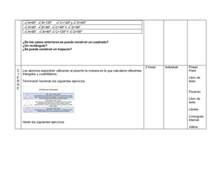 A=60º B=120º C=120º y D=60º
A=90º B=90º. C=90º Y D=90º
A=90º. B=80º C=120º Y D=90º
¿De los casos anteriores se puede construir un cuadrado?
¿Un rectángulo?
¿Se puede construir un trapecio?
C
I
E
R
R
E
Los alumnos expondrán utilizando el pizarrón la manera en la que calcularon diferentes
triángulos y cuadriláteros.
Terminarán haciendo los siguientes ejercicios
Harán los siguientes ejercicios
2 horas Individual Power
Point
Libro de
texto
Pizarrón
Libro de
texto
Libreta
Consignas
Internet
videos
 