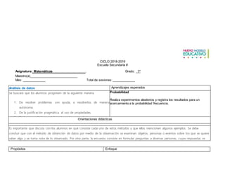 CICLO 2018-2019
Escuela Secundaria #
Asignatura: Matemáticas . Grado: 1º
Maestro(a)___________________________
Mes: ______ Total de sesiones: _____________
Análisis de datos
Eje: FOMACIÓN DE LOS ESTADOS NACIONALES
Eje: FOMACIÓN DE LOS ESTADOS NACIONALES
Aprendizajes esperados
Se buscará que los alumnos progresen de la siguiente manera.
1. De resolver problemas con ayuda, a resolverlos de manera
autónoma.
2. De la justificación pragmática, al uso de propiedades.
3. De los procedimientos informales, a los procedimientos expertos.
Probabilidad
Realiza experimentos aleatorios y registra los resultados para un
acercamiento a la probabilidad frecuencia.
Orientaciones didácticas
Es importante que discuta con los alumnos en qué consiste cada uno de estos métodos y que ellos mencionen algunos ejemplos. Se debe
concluir que con el método de obtención de datos por medio de la observación se examinan objetos, personas o eventos sobre los que se quiere
saber algo y se toma nota de lo observado. Por otra parte, la encuesta consiste en formular preguntas a diversas personas, cuyas respuestas se
anotan y organizan para realizar un análisis ulterior
.
Propósitos Enfoque
 