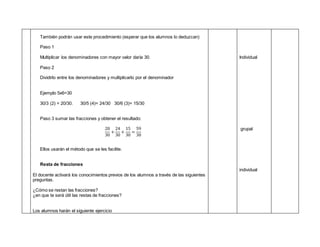 También podrán usar este procedimiento (esperar que los alumnos lo deduzcan)
Paso 1
Multiplicar los denominadores con mayor valor daría 30.
Paso 2
Dividirlo entre los denominadores y multiplicarlo por el denominador
Ejemplo 5x6=30
30/3 (2) = 20/30. 30/5 (4)= 24/30 30/6 (3)= 15/30
Paso 3 sumar las fracciones y obtener el resultado:
20
30
+
24
30
+
15
30
=
59
30
Ellos usarán el método que se les facilite.
Resta de fracciones
El docente activará los conocimientos previos de los alumnos a través de las siguientes
preguntas.
¿Cómo se restan las fracciones?
¿en que te será útil las restas de fracciones?
Los alumnos harán el siguiente ejercicio
Individual
grupal
individual
 