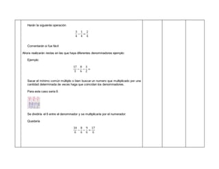 Harán la siguiente operación
3
4
−
1
4
=
2
4
Comentarán si fue fácil
Ahora realizarán restas en las que haya diferentes denominadores ejemplo:
Ejemplo
17
3
−
8
6
−
3
2
=
Sacar el mínimo común múltiplo o bien buscar un numero que multiplicado por una
cantidad determinada de veces haga que coincidan los denominadores.
Para este caso seria 6
Se dividiría el 6 entre el denominador y se multiplicaría por el numerador:
Quedaría
34
6
−
8
6
−
9
6
=
17
6
 