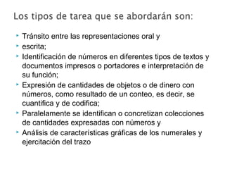  Tránsito entre las representaciones oral y
 escrita;
 Identificación de números en diferentes tipos de textos y
documentos impresos o portadores e interpretación de
su función;
 Expresión de cantidades de objetos o de dinero con
números, como resultado de un conteo, es decir, se
cuantifica y de codifica;
 Paralelamente se identifican o concretizan colecciones
de cantidades expresadas con números y
 Análisis de características gráficas de los numerales y
ejercitación del trazo
 