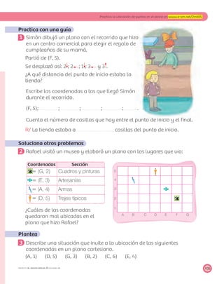 A B C D E F G
4
3
2
1
5
105
Practica la ubicación de puntos en el plano en www.e-sm.net/2mt05
PROYECTO SÉ, EDICIÓN ESPECIAL © EDICIONES SM
Practica con una guía
1 Simón dibujó un plano con el recorrido que hizo
en un centro comercial para elegir el regalo de
cumpleaños de su mamá.
Partió de (F, 5).
Se desplazó así: 2 ; 2 ; 1 ; 3 y 3 .
¿A qué distancia del punto de inicio estaba la
tienda?
Escribe las coordenadas a las que llegó Simón
durante el recorrido.
(F, 5); ; ; ; ; .
Cuenta el número de casillas que hay entre el punto de inicio y el ﬁnal.
R/ La tienda estaba a casillas del punto de inicio.
Soluciona otros problemas
2 Rafael visitó un museo y elaboró un plano con los lugares que vio:
Coordenadas Sección
ϭ (G, 2) Cuadros y pinturas
ϭ (E, 3) Artesanías
ϭ (A, 4) Armas
ϭ (D, 5) Trajes típicos
¿Cuáles de las coordenadas
quedaron mal ubicadas en el
plano que hizo Rafael?
Plantea
3 Describe una situación que invite a la ubicación de las siguientes
coordenadas en un plano cartesiano.
(A, 1) (D, 5) (G, 3) (B, 2) (C, 6) (E, 4)
 