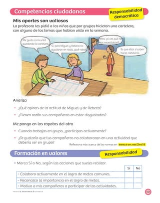 Competencias ciudadanas
107PROYECTO SÉ, EDICIÓN ESPECIAL © EDICIONES SM
Formación en valores Responsabilidad
Responsabilidad
democrática
Sí No
Me gusta como está
quedando la cartelera.
Sí, pero Miguel y Rebeca no
ayudaron en nada, ¡qué rabia!
Mira, ¿si ves que no
nos necesitaban?
Es que ellos sí saben
hacer carteleras.
Reﬂexiona más acerca de las normas en www.e-sm.net/2mt18
Mis aportes son valiosos
La profesora les pidió a los niños que por grupos hicieran una cartelera,
con alguno de los temas que habían visto en la semana.
Analiza
¿Qué opinas de la actitud de Miguel y de Rebeca?
¿Tienen razón sus compañeros en estar disgustados?
Me pongo en los zapatos del otro
Cuando trabajas en grupo, ¿participas activamente?
¿Te gustaría que tus compañeros no colaboraran en una actividad que
debería ser en grupo?
Marca Sí o No, según las acciones que sueles realizar.
- Colaboro activamente en el logro de metas comunes.
- Reconozco la importancia en el logro de metas.
- Motivo a mis compañeros a participar de las actividades.
 
