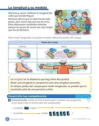 Desarrolla tus competencias
110 PROYECTO SÉ, EDICIÓN ESPECIAL © EDICIONES SM
Pensamiento métrico
La longitud y su medida
Mariana y Javier midieron la longitud del
salto que realizó Miguel.
Mariana aﬁrmó que el salto fue de siete
pasos, pero Javier dijo que era de cinco.
Ellos obtuvieron resultados distintos
porque los pasos de Javier son más largos
que los de Mariana.
Para medir longitudes se pueden emplear diferentes partes del cuerpo.
Partes del cuerpo
Palmo Paso
Pie Braza
La longitud es la distancia que hay entre dos puntos.
Medir una longitud es compararla con otra longitud conocida.
Al utilizar partes del cuerpo para medir longitudes, es posible que el
resultado varíe de una persona a otra.
1 Comunicación. Utiliza la información para contestar las preguntas.
Si un lápiz mide lo mismo que tres sacapuntas:
¿Cuántos miden ?
¿Cuántos miden ?
 