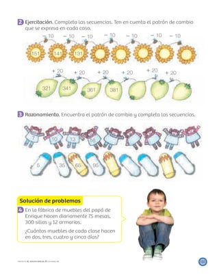 Ϫ 10 Ϫ 10 Ϫ 10 Ϫ 10 Ϫ 10 Ϫ 10 Ϫ 10
151 141 131
ϩ 20 ϩ 20 ϩ 20 ϩ 20 ϩ 20
ϩ 20
321 341 361 381
7 10 13 16
5 35 65 95
Solución de problemas
131PROYECTO SÉ, EDICIÓN ESPECIAL © EDICIONES SM
2 Ejercitación. Completa las secuencias. Ten en cuenta el patrón de cambio
que se expresa en cada caso.
3 Razonamiento. Encuentra el patrón de cambio y completa las secuencias.
4 En la fábrica de muebles del papá de
Enrique hacen diariamente 75 mesas,
300 sillas y 12 armarios.
¿Cuántos muebles de cada clase hacen
en dos, tres, cuatro y cinco días?
 